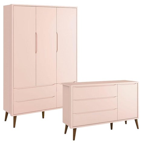 Guarda Roupa Infantil 3 Portas e Cômoda Theo 1 Porta Rosa com Pés Amadeirados – Reller