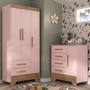 Quarto Infantil Completo Guarda Roupa 3 Portas 2 Gavetas com Cômoda Selene Espresso Móveis
