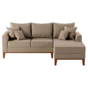 Sofá Beny com Chaise Direita, 3 Lugares, Estofado em Linho, Base em Madeira, 2,00x1,40. Bege