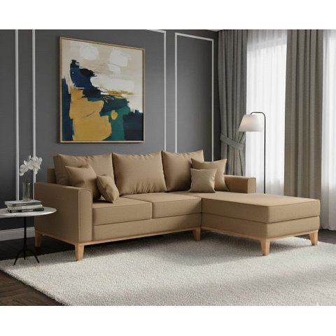 Sofá Beny com Chaise Direita, 3 Lugares, Estofado em Linho, Base em Madeira, 2,00x1,40.