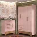 Ver imagem 1 de Quarto Infantil Completo Guarda Roupa 4 Portas 2 Gavetas com Cômoda Liz Rosa/Fosco/Nature