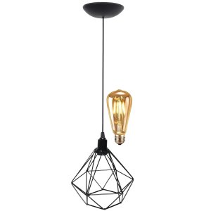 Pendente Aramado Teto Diamante Luminária Lustre Retrô Balcão + Lâmpada Led ST64 Vintage Preto