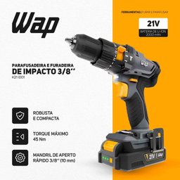 Parafusadeira e Furadeira de Impacto 3/8" K21 Id01 À Bateria com 21 Níveis de Torque Wap - 6