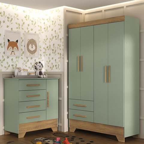 Quarto Infantil Completo Guarda Roupa 4 Portas 2 Gavetas com Cômoda Liz Verde/Fosco/Nature