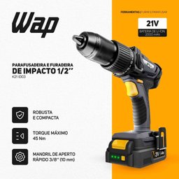 Parafusadeira e Furadeira de Impacto 1/2" K21 Id03 À Bateria com 20 Níveis de Torque 60 Nm Wap - 6