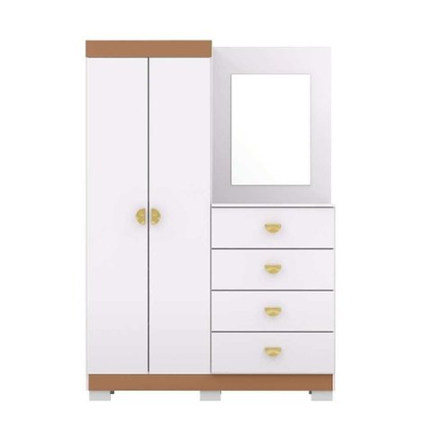 Guarda Roupa Casal Cristal 2 Portas de Bater 4 Gavetas MDP com Cômoda e Espelho Branco Camarim Vila