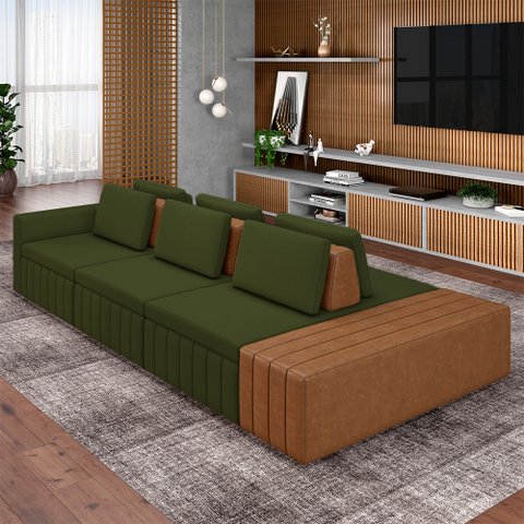 Sofá Ilha com Encosto e Almofadas Móveis Olimpo 395cm Modulado Linho/pu Verde/caramelo G45 - Gran Be