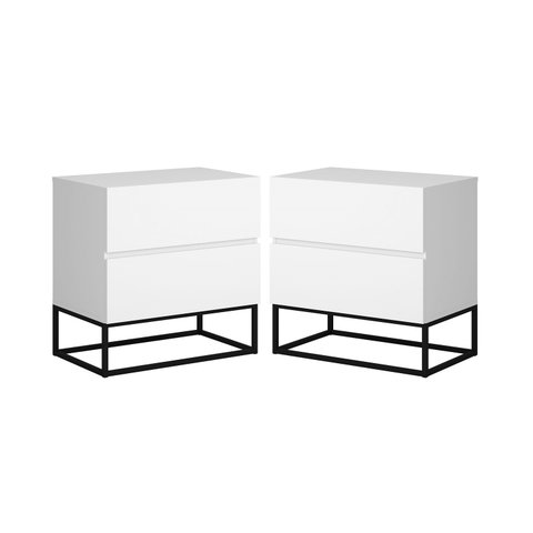 Conjunto 2 Mesa de Cabeceira Estilo Industrial 2 Gavetas Eros 45 Base Preta:branco