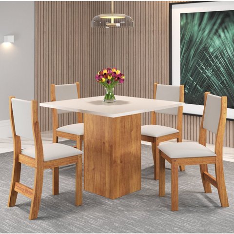 Conjunto Mesa de Jantar 4 Cadeiras 90cm Veludo Mel Marfim Liric