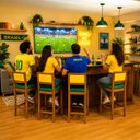 Ver imagem 2 de 4 Banquetas Madeira Copa do Mundo Brasil Estofados Hellen:Mel e Sintetico Verde