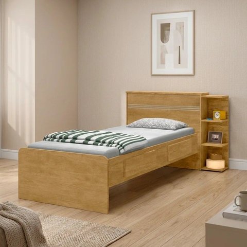 Cama Solteiro com Baú 2 Gavetas e 3 Nichos Jade Nature