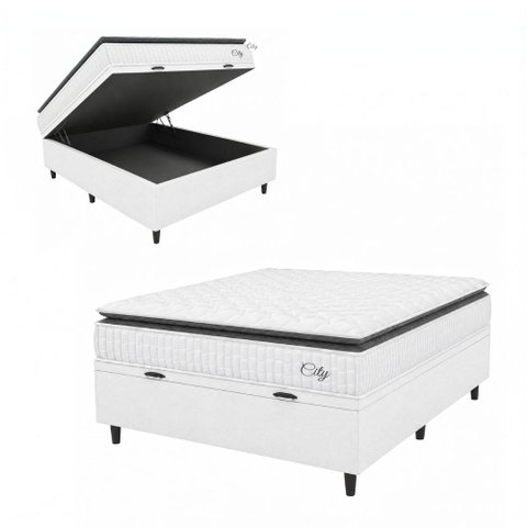 Cama Box Baú Colchão Casal Molas Ensacadas City Pillow Top 138x188x64cm Linho Branco / Preto