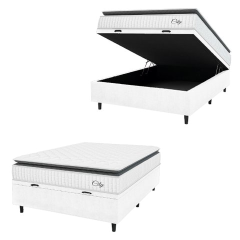 Cama Box Baú Colchão Casal Molas Ensacadas City Pillow Top 138x188x64cm Linho Branco / Preto