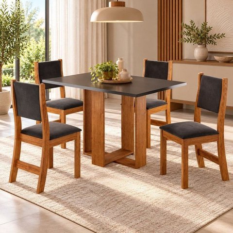 Conjunto de Jantar Mesa Retangular Romantic com 4 Cadeiras Sol Cinza/Mel/Brilho/Grafite