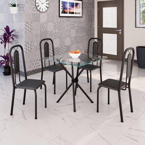 Conjunto Sala de Jantar Mesa Tampo Vidro e 4 Cadeiras Lívia Preto