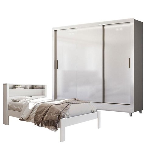 Cama Casal Invicta com Guarda Roupa Italia Branco Brilho- Santos Andirá