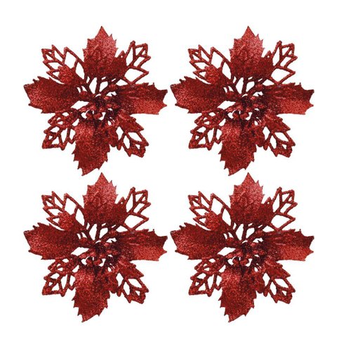 Jogo 4 Flores Bico de Papagaio Vermelha Natal Pick Glitter 9cm com Presilha - Magizi