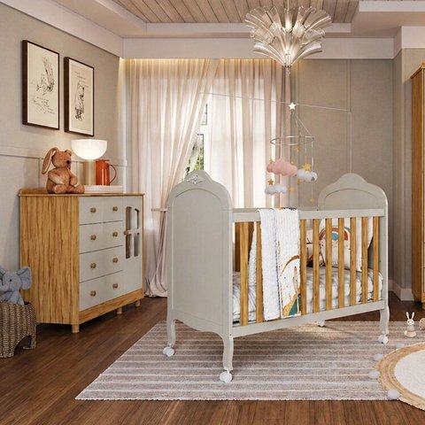 Quarto de Bebê com Berço Minicama e Cômoda 1 Porta Janelada 100% MDF Maya Clássico Espresso Móveis Bege/Off White/Amêndoa