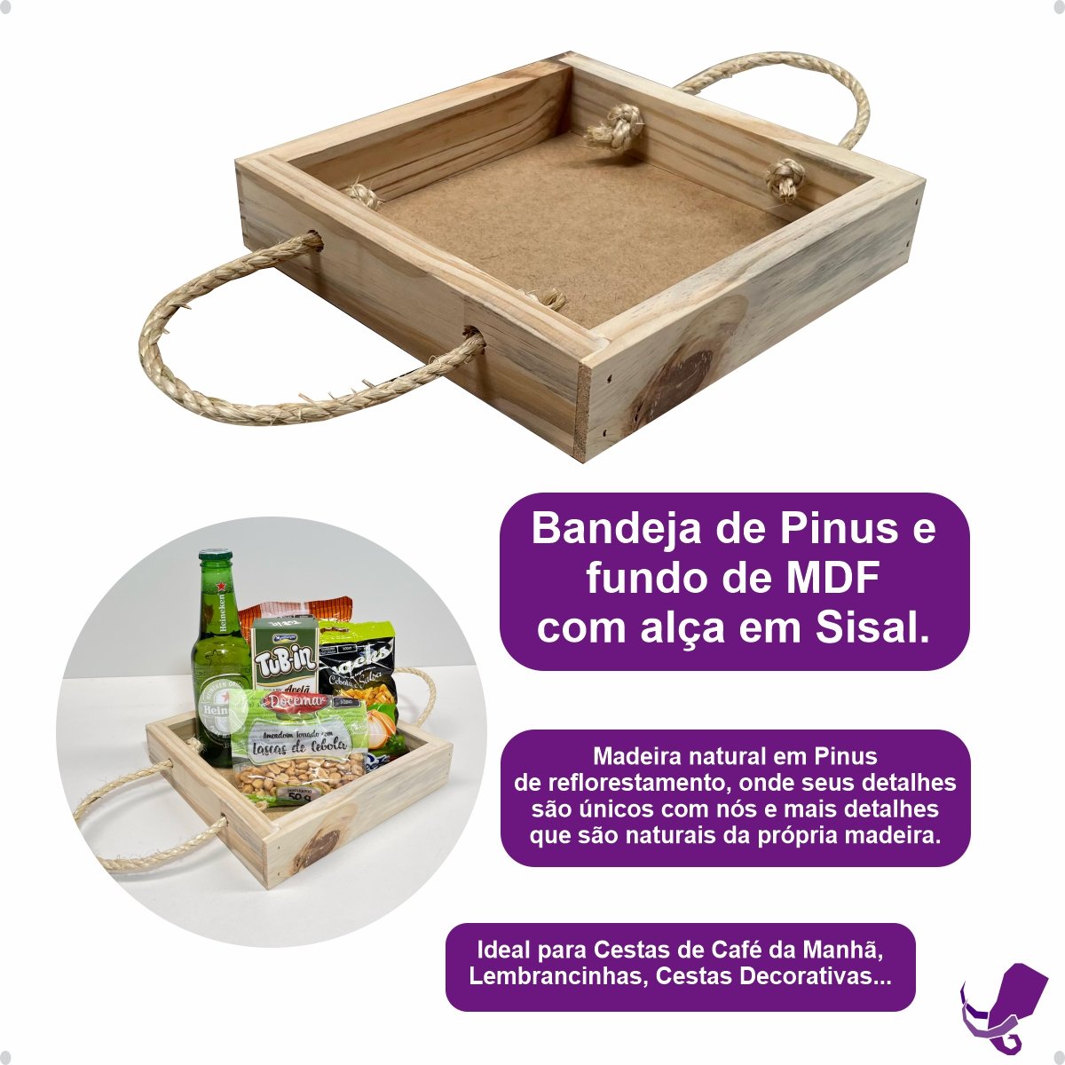 Bandeja Pinus Mdf e Alça de Sisal 30x30x4cm - 2