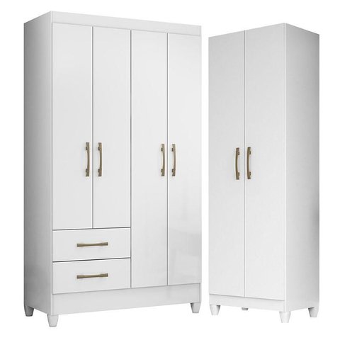Guarda Roupa Solteiro Chile e Armário Multiuso New Iris Branco Brilho- Moval