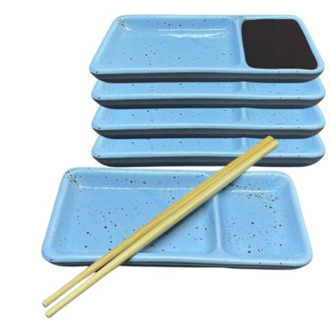 Kit 12 Pratos Sushi com Divisória para Shoyu Porcelana Sapporo Azul Mesclado Mesa Oriental