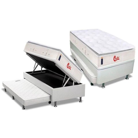 Cama Box Baú C-auxiliar Solteiro: Colchão Molas Castor Pocket Gold Star Vitagel Slx + Base Crc