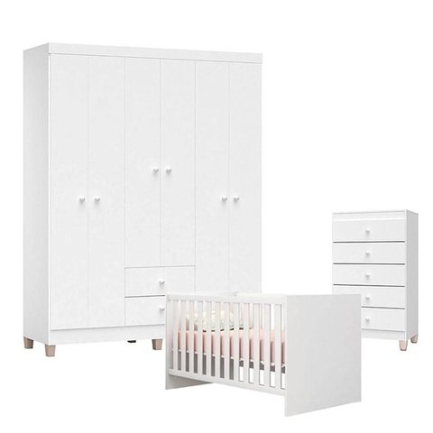 Quarto de Bebê Ternura Baby 6 Portas com Cômoda Gaveteiro Branco Brilho - Incorplac