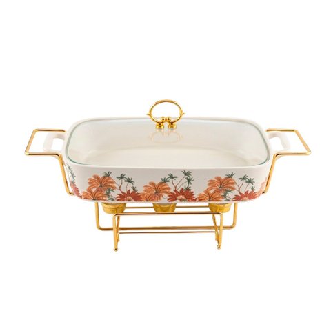 Rechaud Caçarola em Porcelana Branca Florido 43cm para Mesa Posta