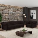 Ver imagem 1 de Conjunto Sala de Estar 1 Sofá Living 260cm e 1 Poltrona Stanford Chesterfield Pés Madeira Couro Marr