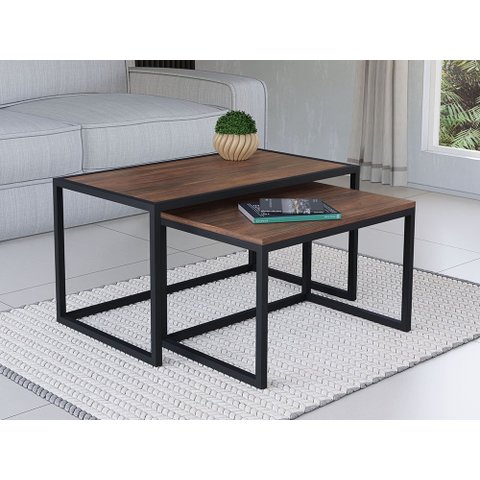 Conjunto Mesa De Centro Industrial 65cm e 60cm Aço Preto Duo Madeira Imbuia Don Castro Decor Industr
