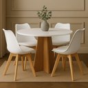 Ver imagem 1 de Mesa de Jantar Redonda com 4 Cadeiras Brancas Base Madeira Moderna