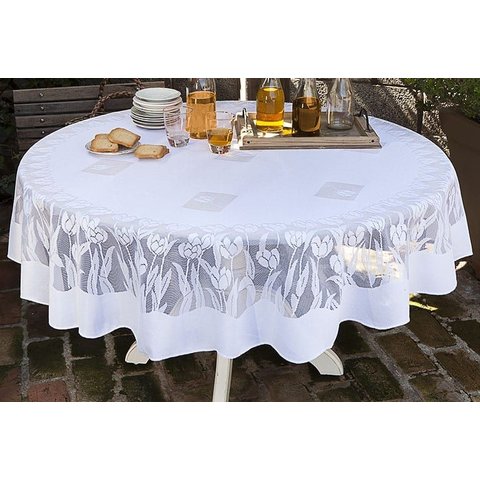 Toalha de Mesa Redonda 1,80m Tulipas Branca Arte & Tear Toalha Redonda de Renda