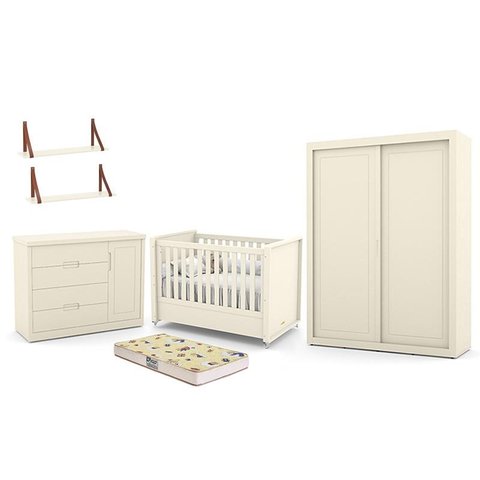 Dormitório Tutto New 2 Portas, Cômoda 1 Porta, Berço Off White com Colchão D18 e Prateleiras - Matic
