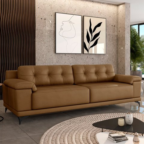 Sofá Living 4 lugares 292cm Agostino Pés Design em Ferro Couro Caramelo G52 - Gran Belo