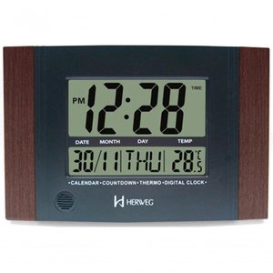 Relógio de Parede ou Mesa Digital Lcd Calendário Termômetro Madeira Escura Herweg 6438 Único
