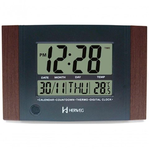 Relógio de Parede ou Mesa Digital Lcd Calendário Termômetro Madeira Escura Herweg 6438 Único