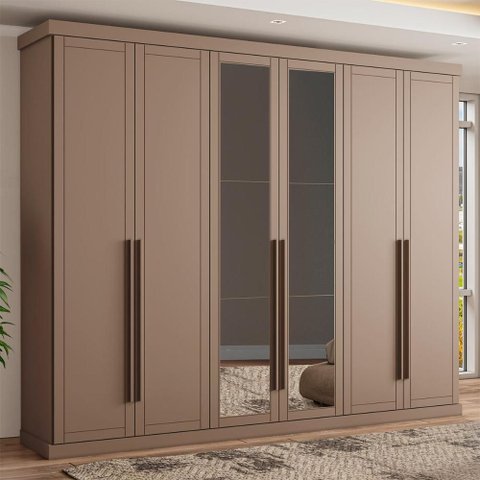 Guarda Roupa Casal 263cm 6 Portas em MDF Espelho e 6 Gavetas Cor:Avelã