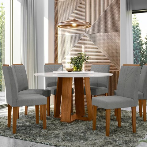 Conjunto Sala de Jantar Mesa Tampo Redondo Vidro/MDF Isabela 135cm com 6 Cadeiras Amanda Marrom/Ypê/Cinza