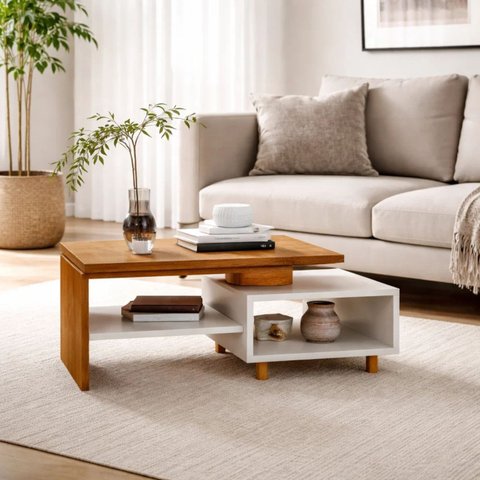 Mesa de Centro Lima Tampo Duplo com Pés em Madeira Maciça:naturalle-off-white