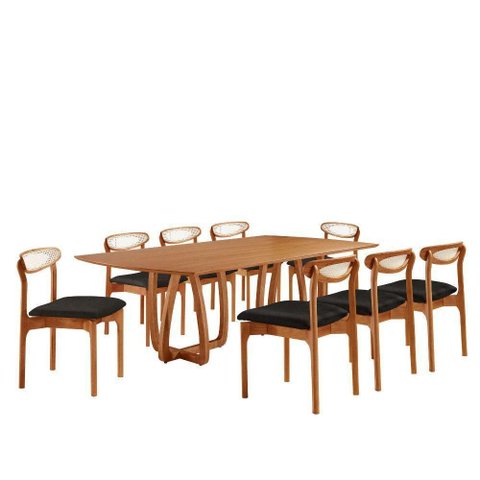 Sala de Jantar Mesa Flora Tampo Laminado Barril 8 Cadeiras Linho Preto/imbuia Nat/cinam. Imbuia