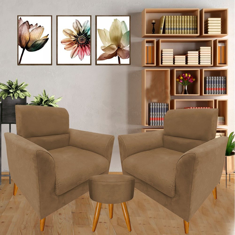 Kit 2 Poltronas Decorativa Beatriz + Puff Redondo Capuccino MMS Decor