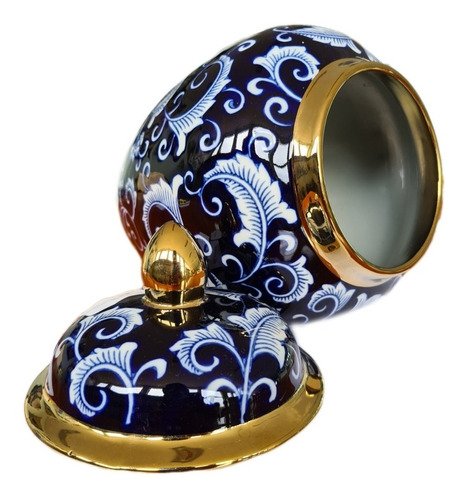 Vaso Decorativo Porcelana Azul Marinho Branco Dourado 29x19 - 3