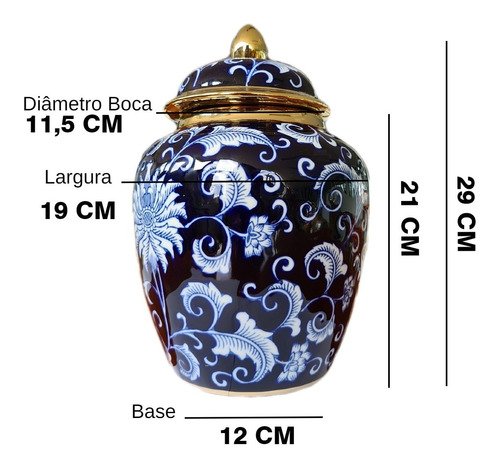 Vaso Decorativo Porcelana Azul Marinho Branco Dourado 29x19 - 4