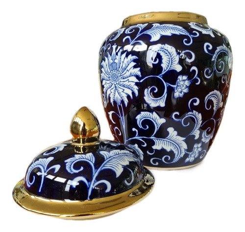 Vaso Decorativo Porcelana Azul Marinho Branco Dourado 29x19 - 2