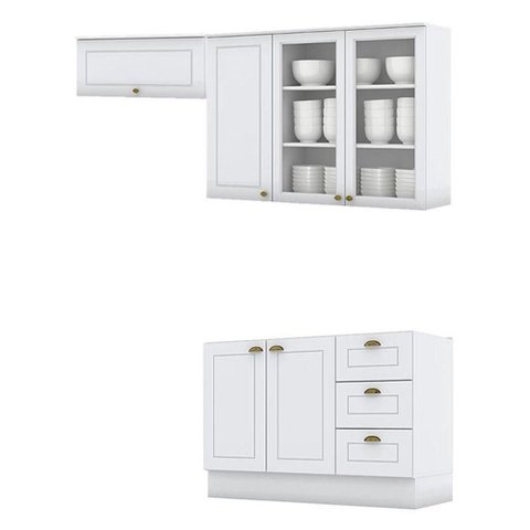 Balcão de Pia 120cm com Armário 1 Porta e Armário 3 Portas com Vidro Americana Branco Hp - Henn