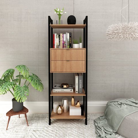 Estante de Livros 65CMX184,7cm 2 Gavetas em Cima Haia Yescasa Laranja/Amêndoa/Preto