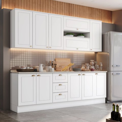 Cozinha Compacta 240cm 7 Peças 11 Portas 3 Gavetas Americana Henn