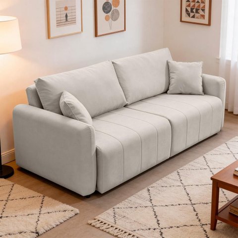 Sofá 3 Lugares Retrátil Reclinável 210cm Bering F04 Linho Impermeável Bege Acinzentado - Lyam
