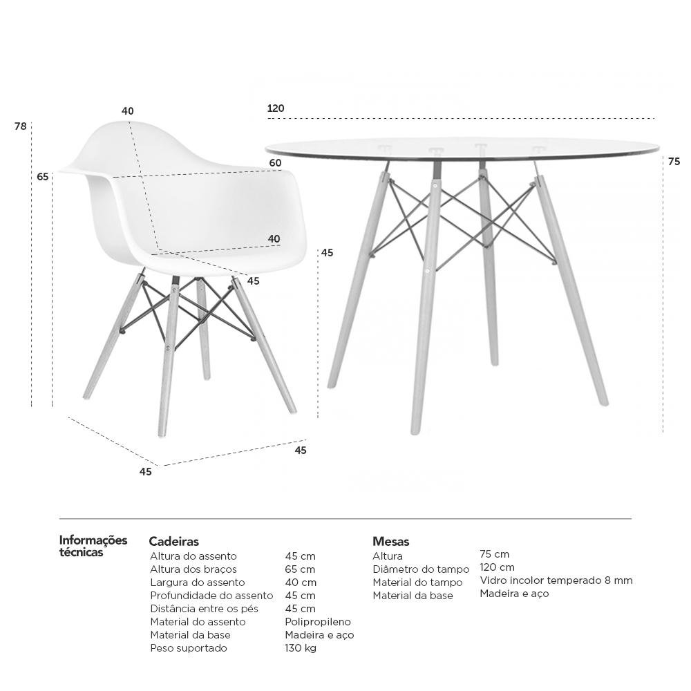 KIT - Mesa Eames com tampo de vidro 120 cm + 4 cadeiras Eiffel DAW Cinza claro - 9