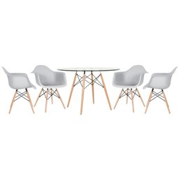KIT - Mesa Eames com tampo de vidro 120 cm + 4 cadeiras Eiffel DAW Cinza claro - 1